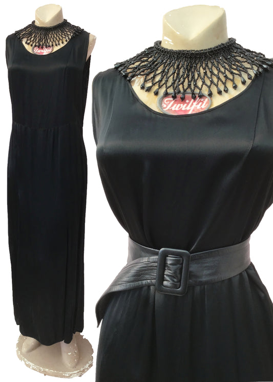 Vintage 20s Black Liquid Satin Sleeveless Dress • Haute couture Mme Jusseanne