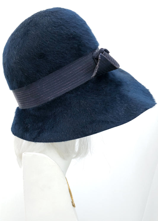 Vintage 60s Blue Furry Felt Wide Brim Cloche Hat • 30s Style Bucket Hat