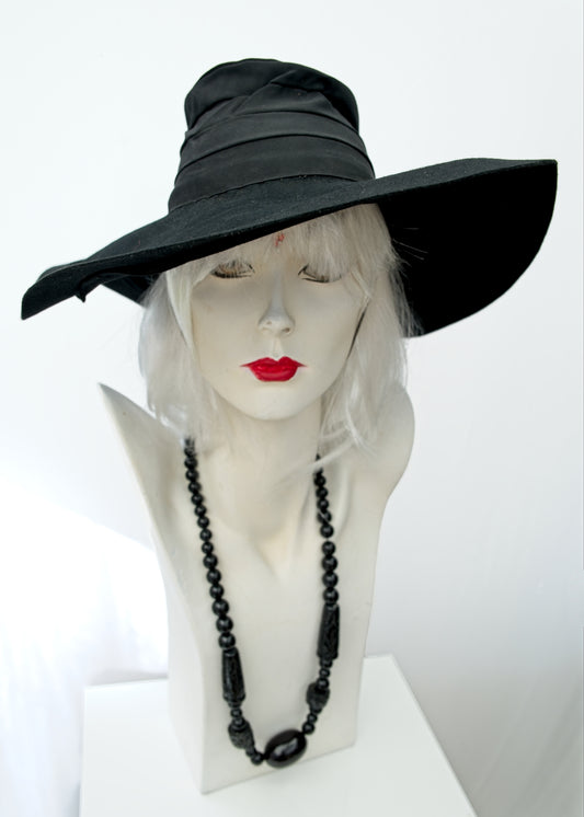 Vintage 40s Witchy Black Crown-Less Halo Hat • Sun Hat • Wide Brim Hat
