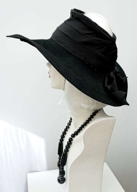 Vintage 40s Witchy Black Crown-Less Halo Hat • Sun Hat • Wide Brim Hat