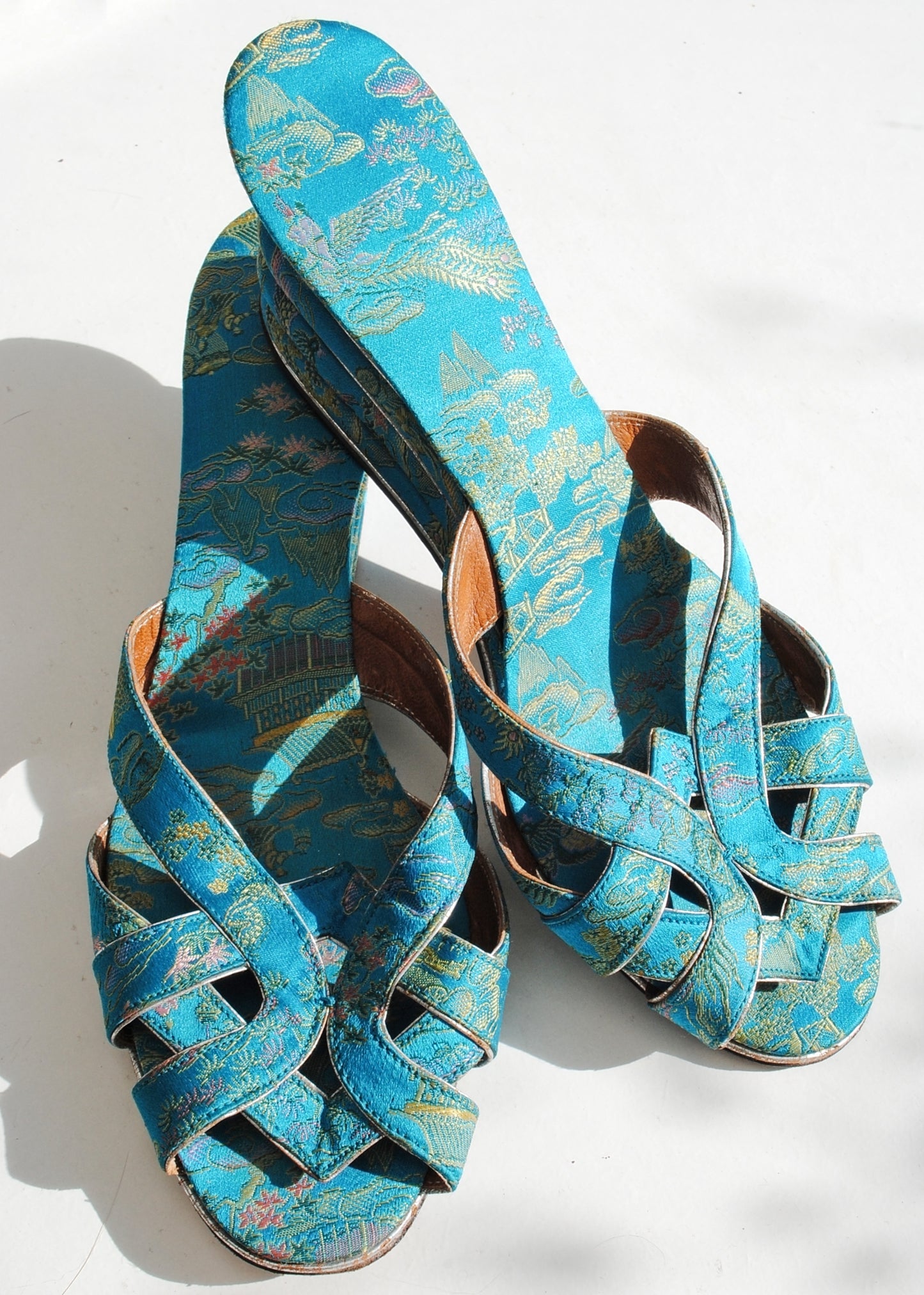 Stunning Vintage 40s Turquoise Brocade Housecoat with Slippers