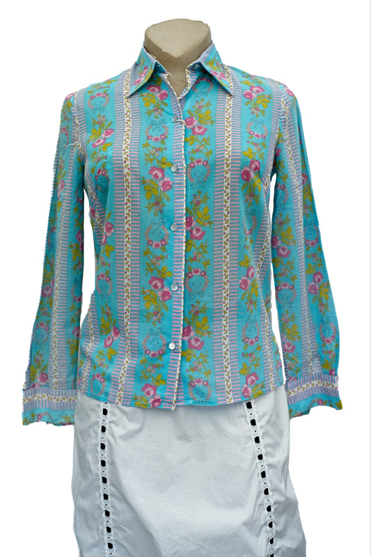 1970s Vintage Turquoise Floral Blouse • Dagger Collar