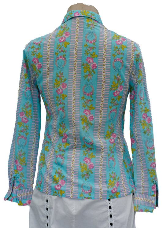 1970s Vintage Turquoise Floral Blouse • Dagger Collar