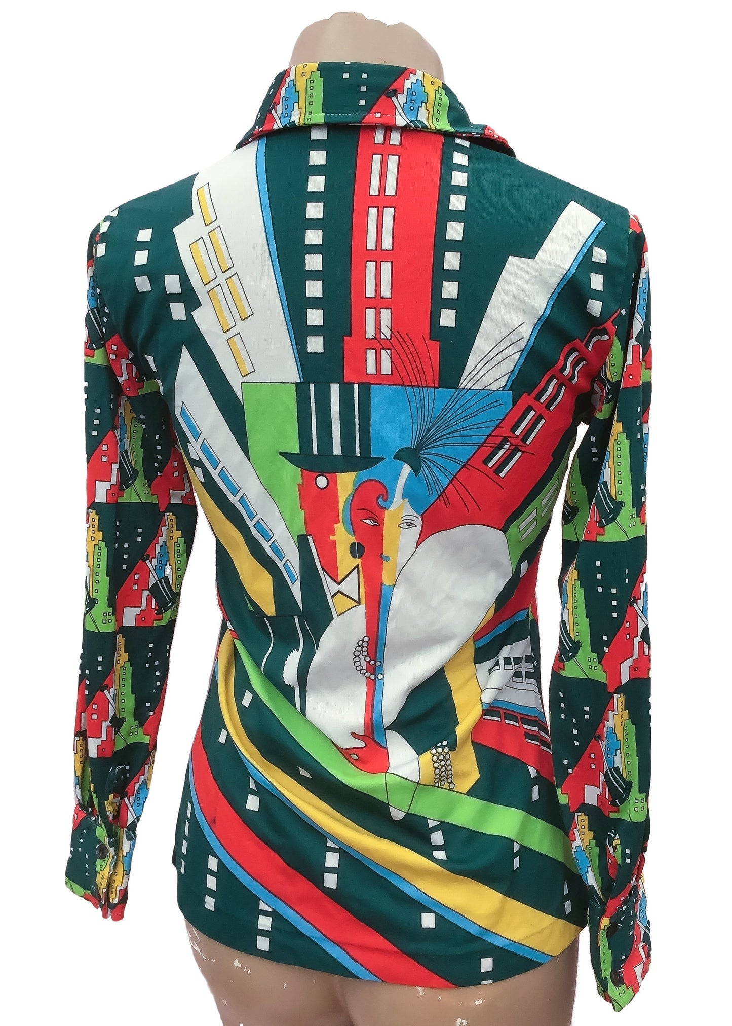 Vintage 70s Mod Disco Novelty Pointed Dagger Collar Blouse Shirt • Art Deco Print