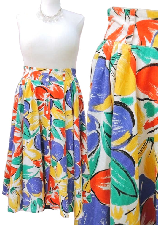 1980s Vintage Colourful Print Full Circle Skirt with Pockets