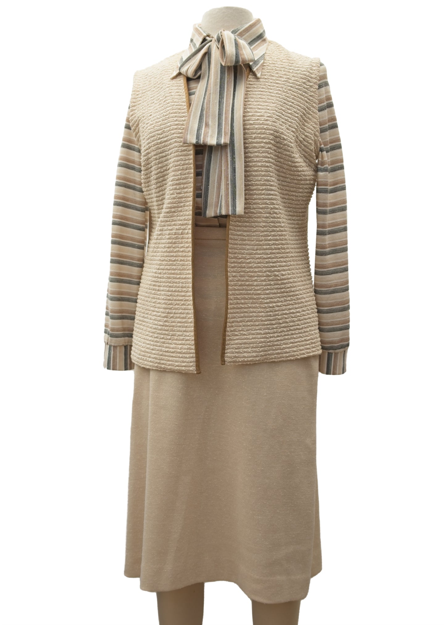 1970s Vintage Beige + Grey Striped Skirt Set • 3 Pieces