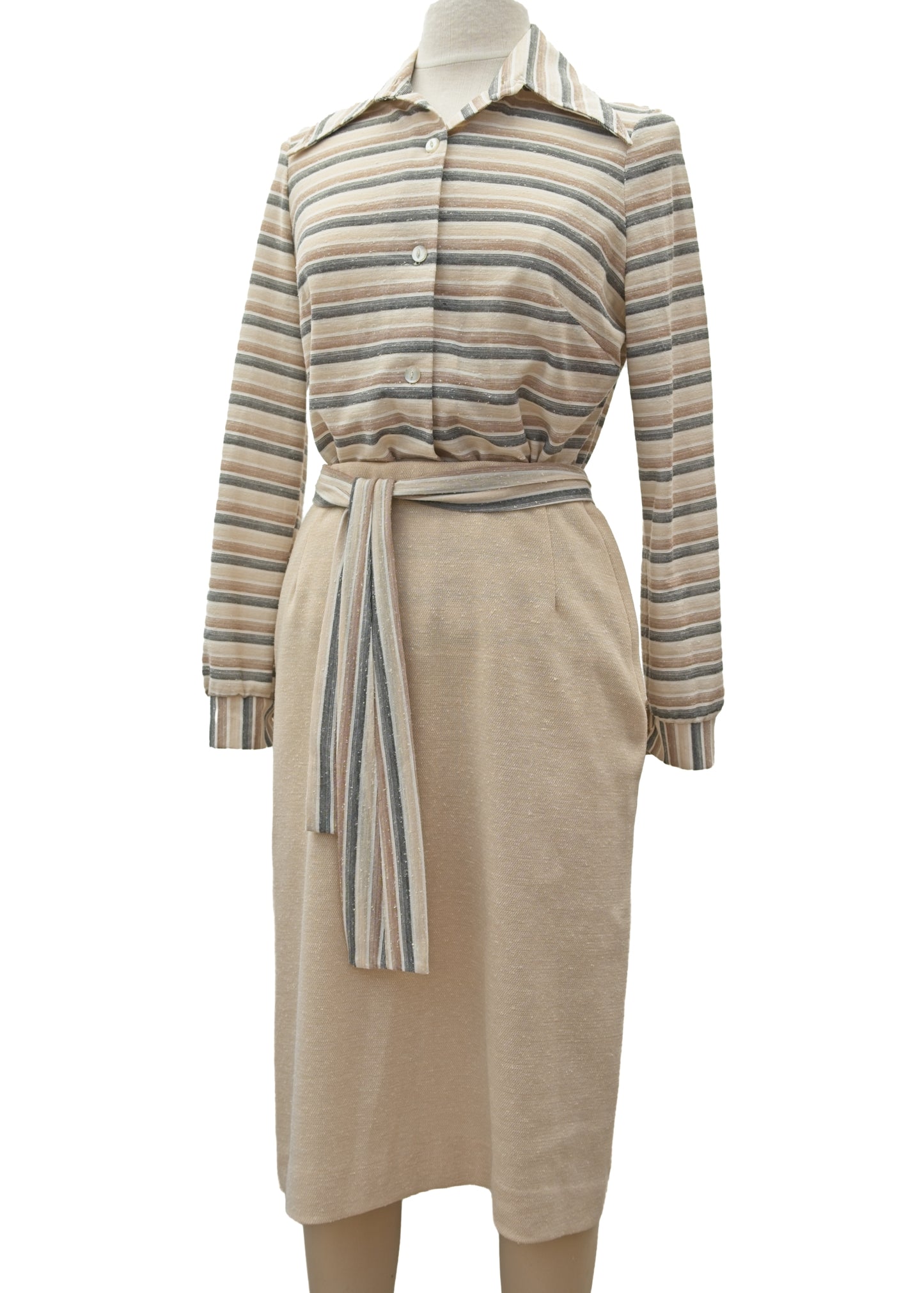 1970s Vintage Beige Grey Striped Skirt Blouse Set • 3 Pieces • 40"