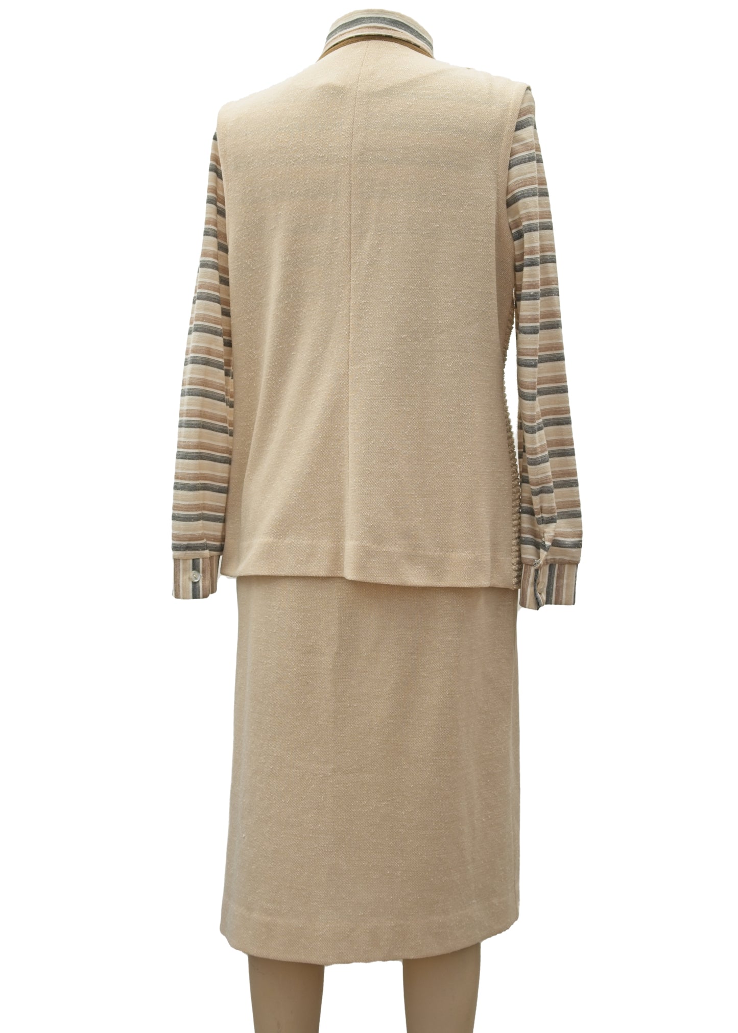 1970s Vintage Beige Grey Striped Skirt Blouse Set • 3 Pieces • 40"