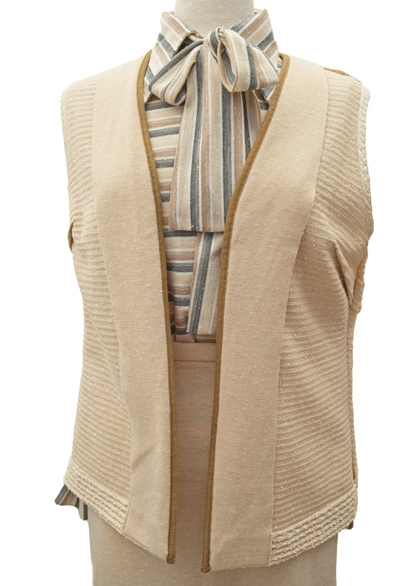 1970s Vintage Beige Grey Striped Skirt Blouse Set • 3 Pieces • 40"