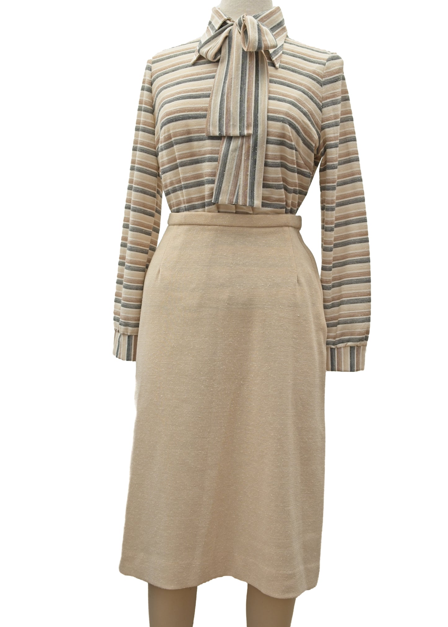 1970s Vintage Beige Grey Striped Skirt Blouse Set • 3 Pieces • 40"