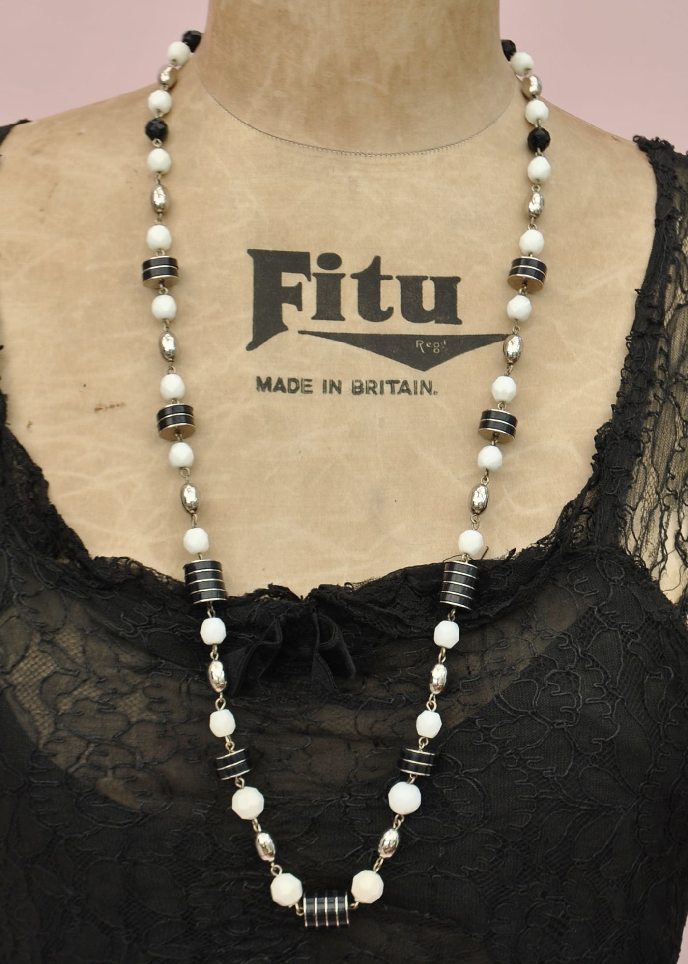 Vintage Monochrome Spinner Disc Bead Flapper Necklace • Mod