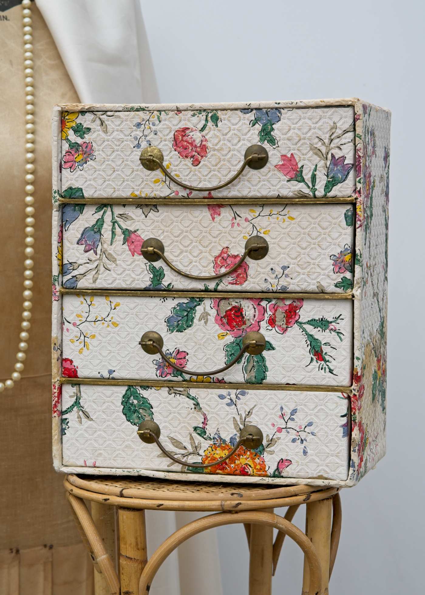 Vintage 1940s 1950s Shabby Chic Paper Covered Cardboard Drawers with metal handles