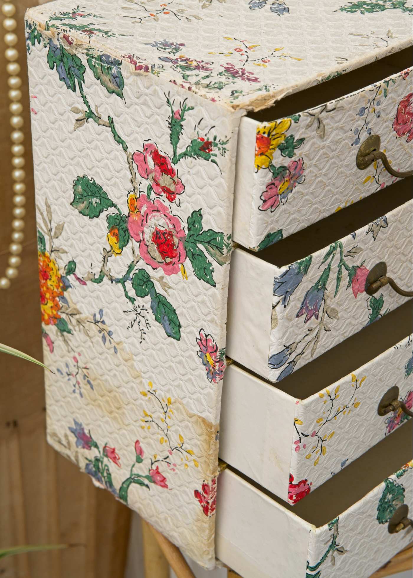 Vintage Midcentury Shabby Chic Paper Covered Cardboard Drawers