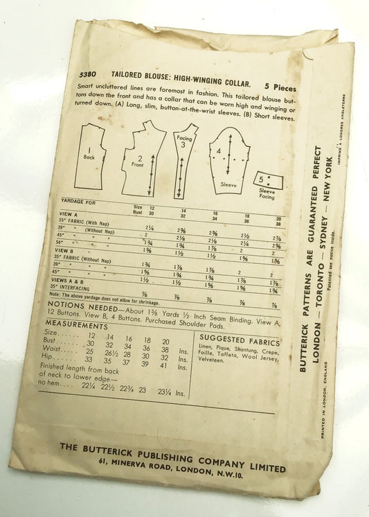 1950s Vintage Butterick #5380 Dressmaking Pattern • Blouse