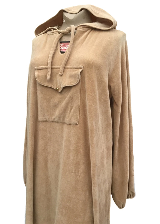 Vintage 60s 70s Camel Velour Hooded Maxi Dress • Cosy House Dress