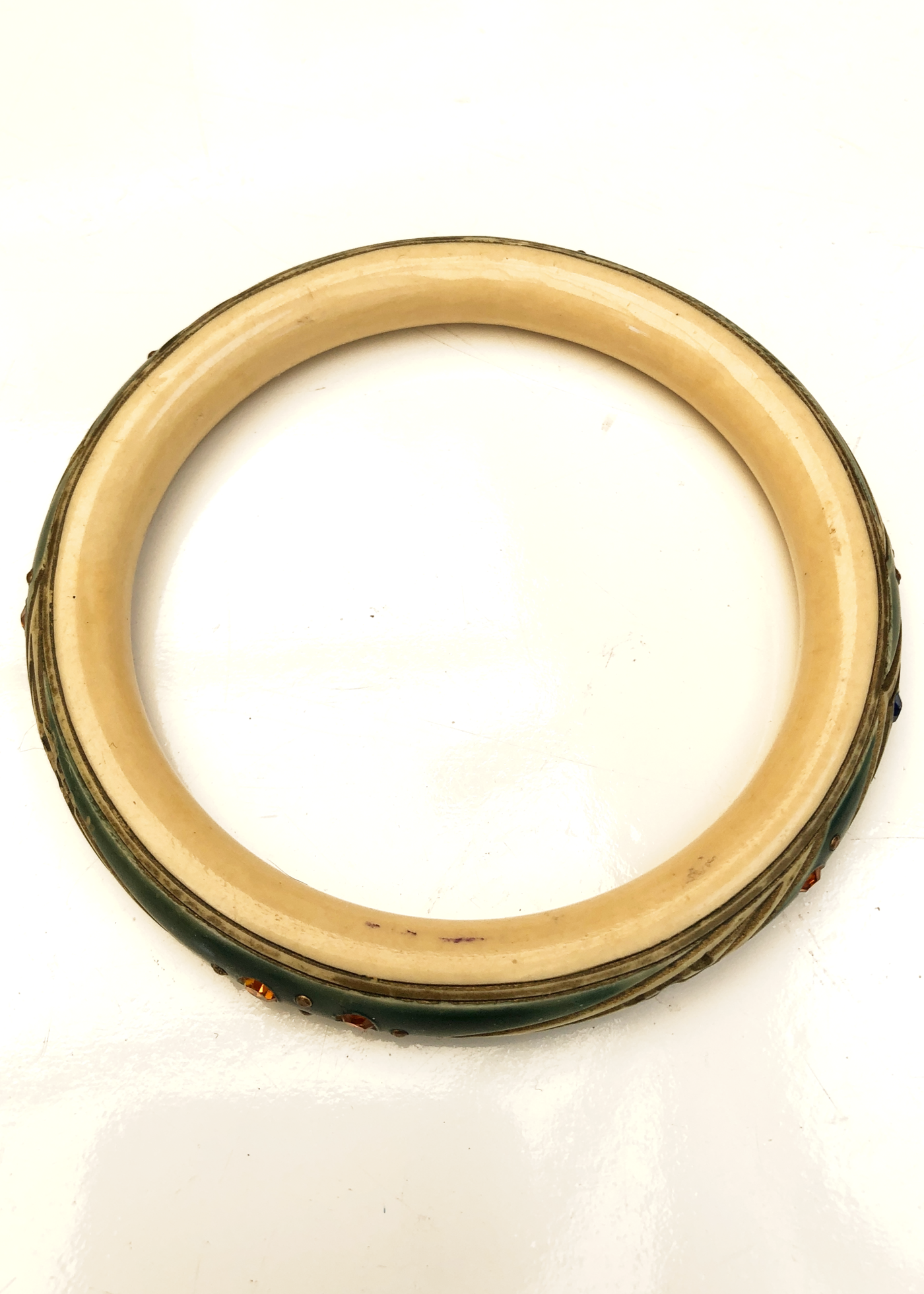 Vintage Art Deco Carved Celluloid Bangle Set Rhinestones