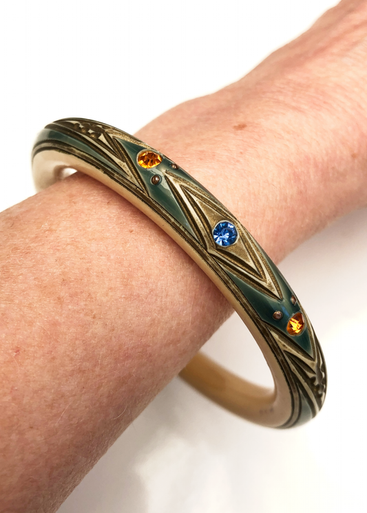 Vintage Art Deco Carved Celluloid Bangle Set Rhinestones