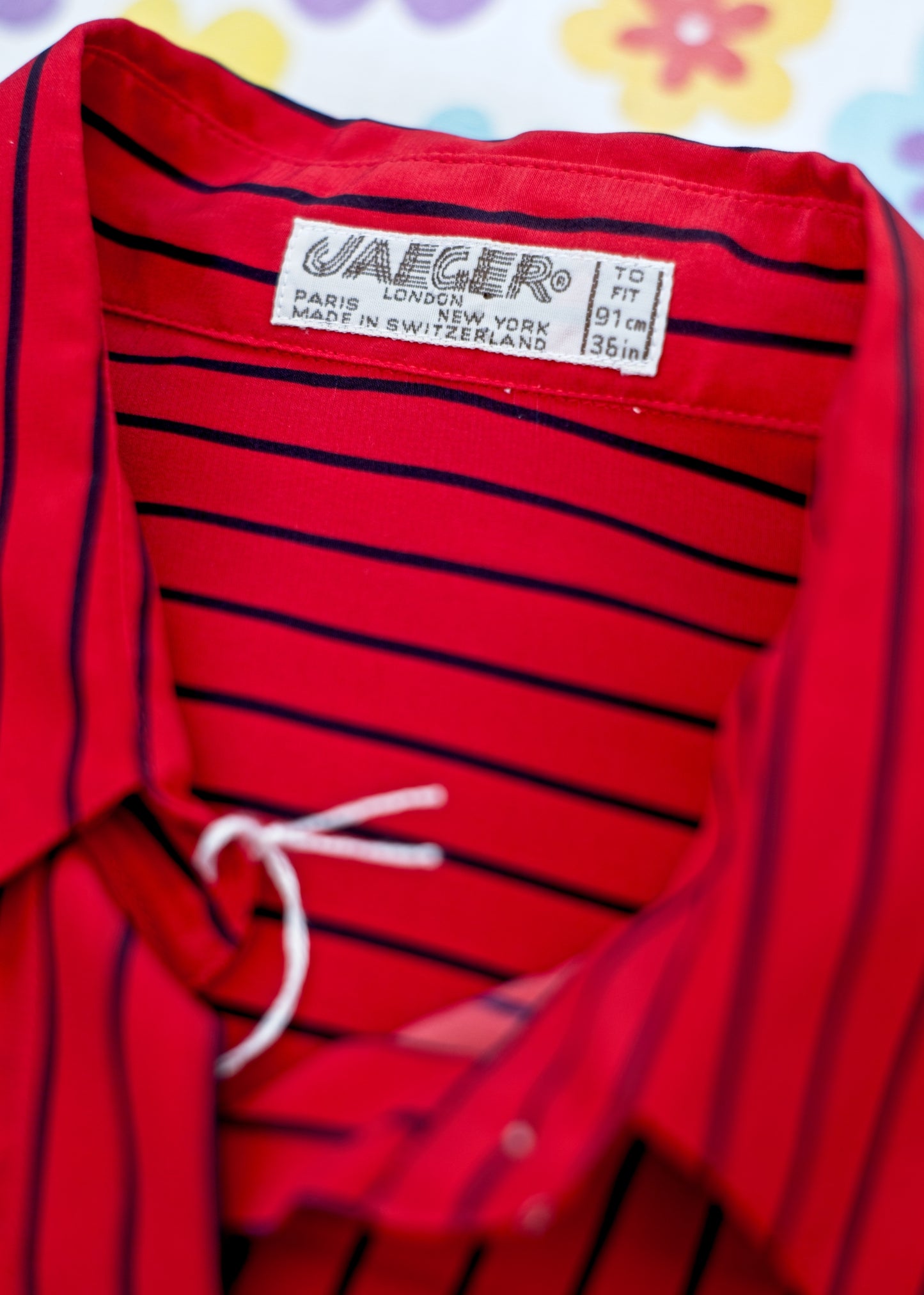 vintage jaeger silk pinstripe blouse in tomato red and black, made in Switzerland to fit 36 bust