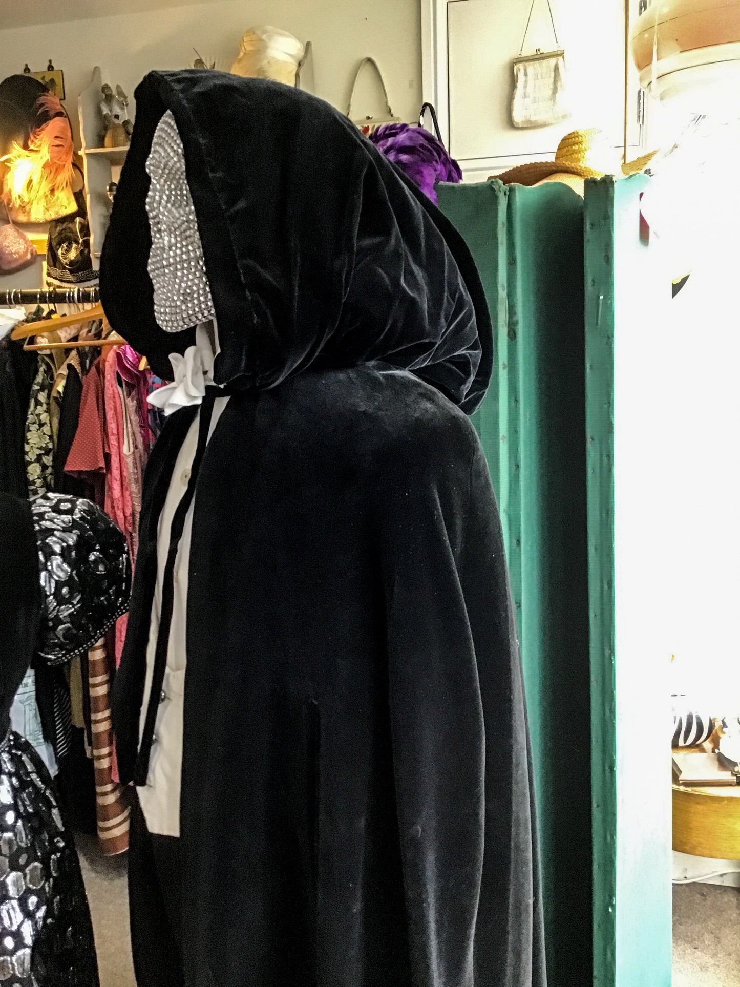 RARE 1960s Vintage Pierre Celeyre Black Velvet Hooded Cloak Cape • Designer Opera Cape • Dracula