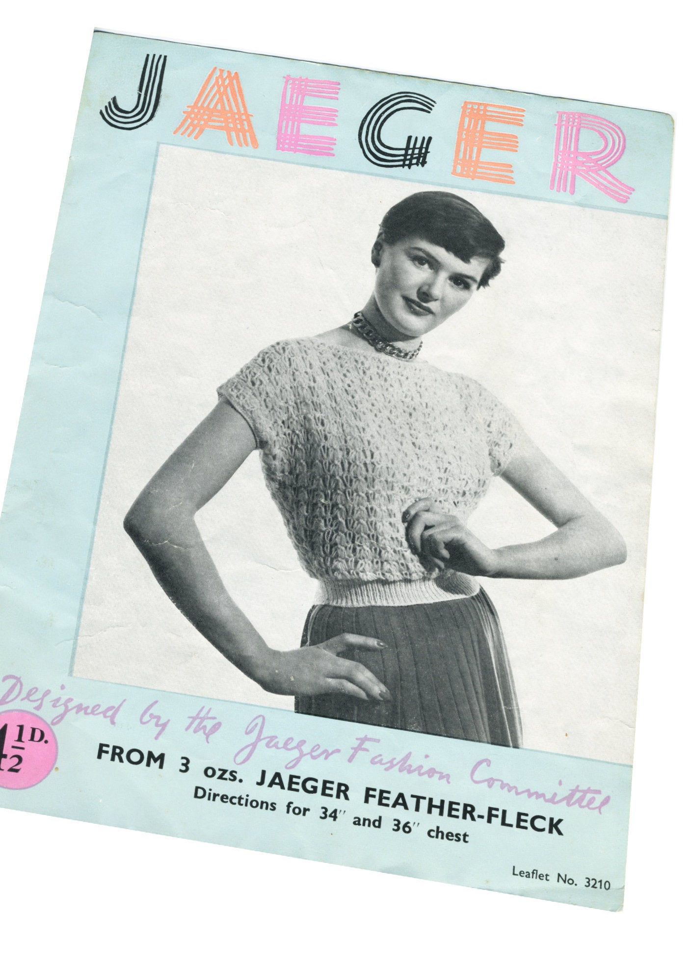 1950s Jaeger #3210 Sweater Knitting Pattern • 34" 36"