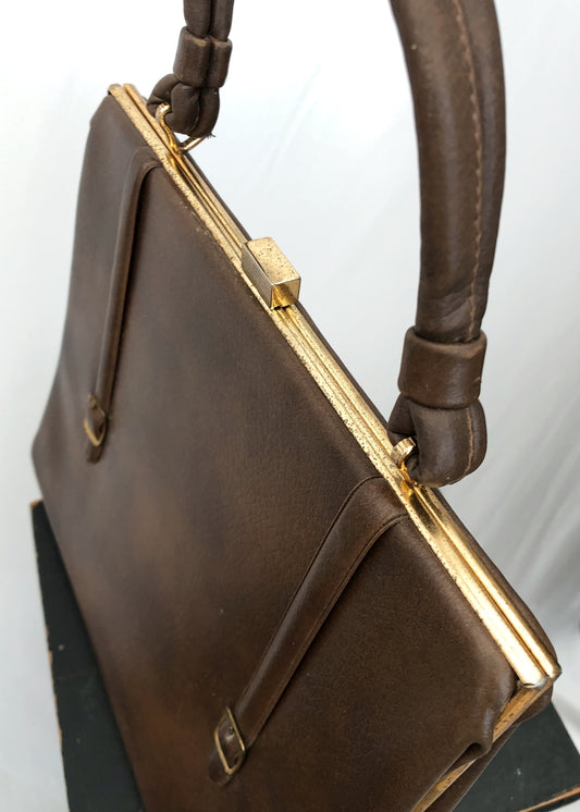 Vintage 70s Large Brown Vinyl Top Handle Handbag Bag