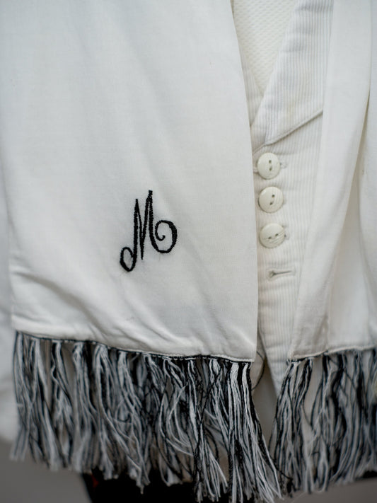 Men's Vintage 1960s White Rayon Knit Evening Scarf • Monogram 'M'