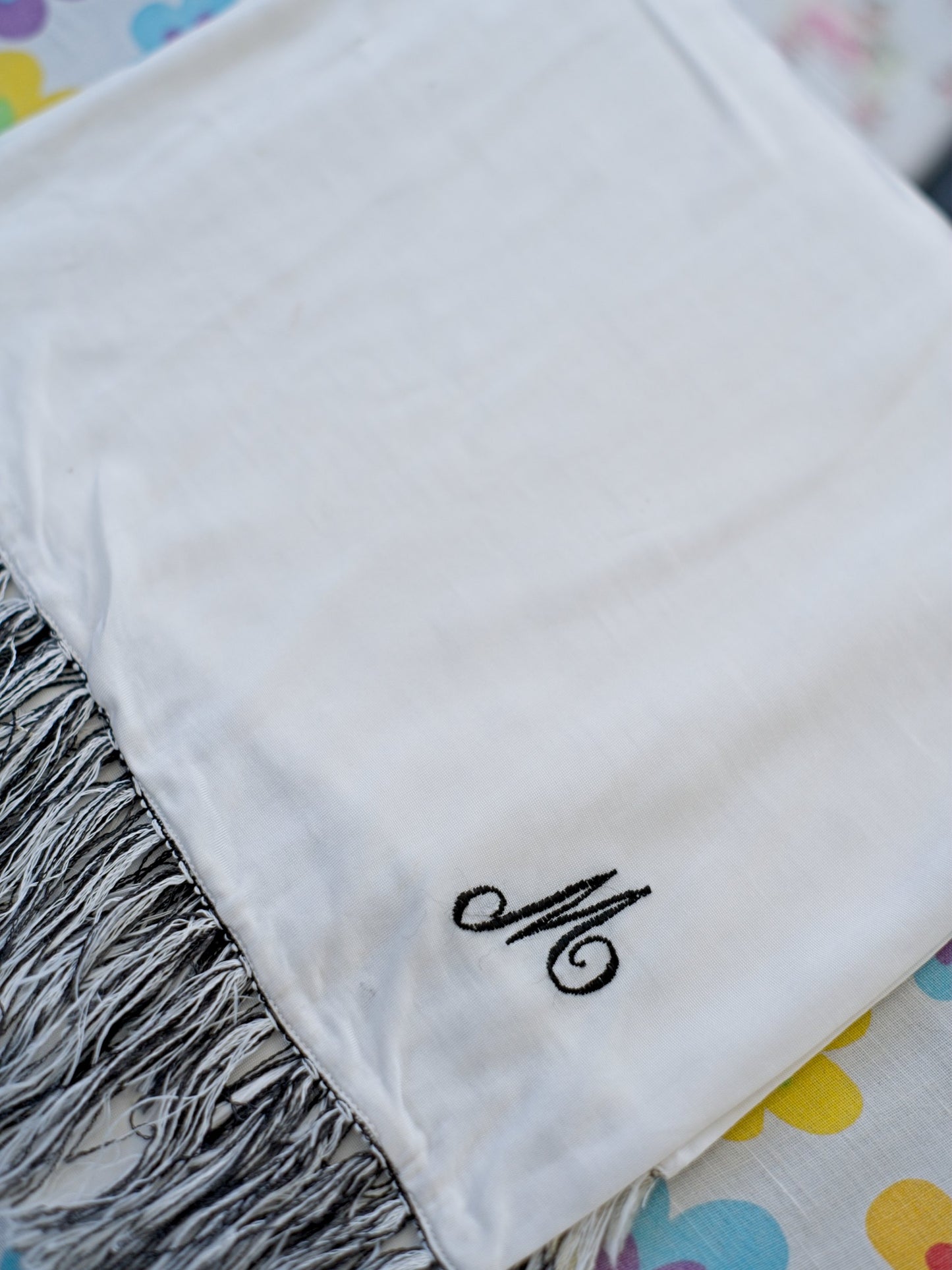 Men's Vintage 1960s White Rayon Knit Evening Scarf • Monogram 'M'