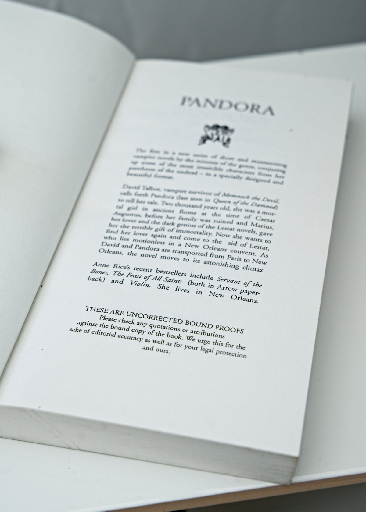 Pandora • Anne Rice • Uncorrected Proof • RARE