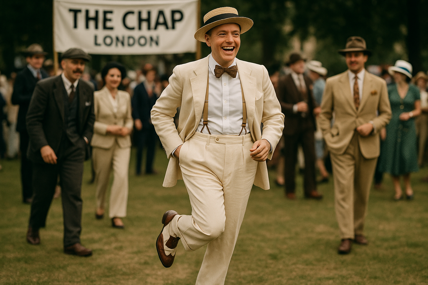 a rather spiffing chap wearing a straw boater attending The Chap London event, he is wearing classic summer outfit from the 1930s and having a jolly good time