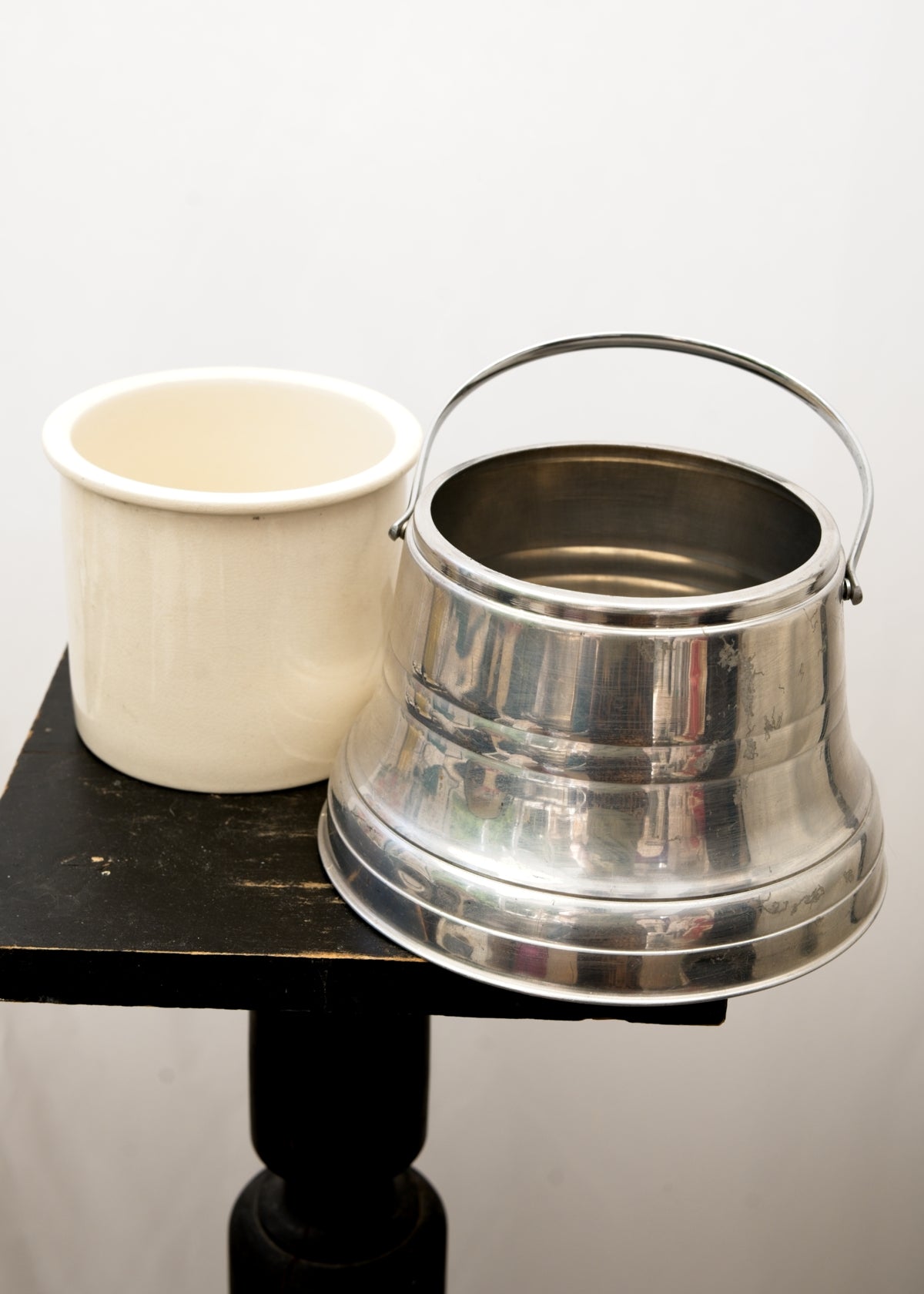 Vintage Deco Aluminium Ice Bucket • Dairy Food Picnic Cooler with Ceramic Inner Pot
