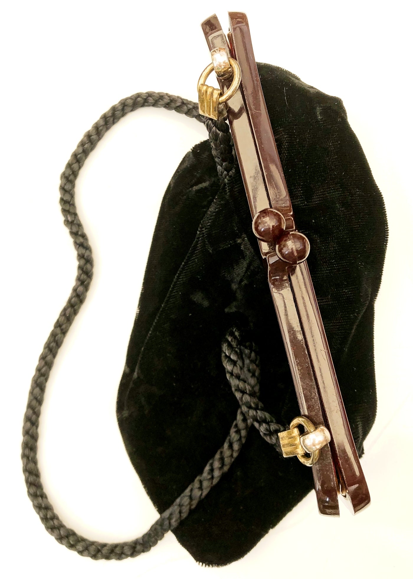 Vintage 70s Black Velvet Evening Purse with Celluloid Frame • Cord Shoulder Strap