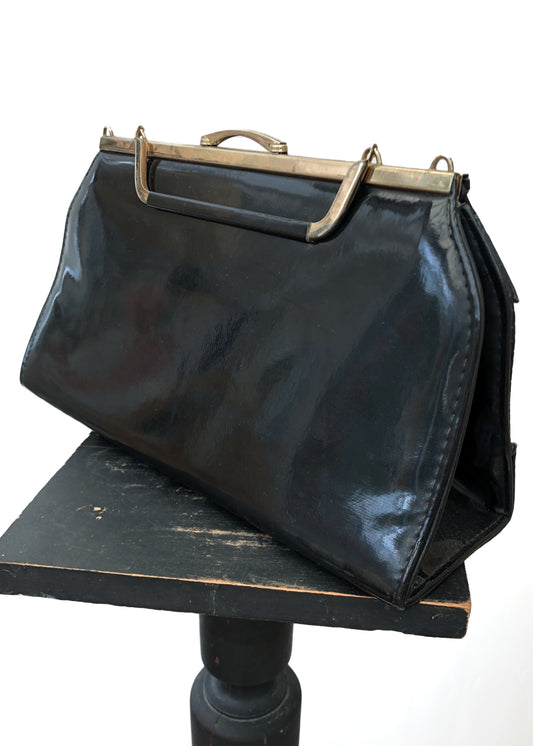 Vintage 60s Black Mock Croc Vinyl Handbag • Metal Top Handle