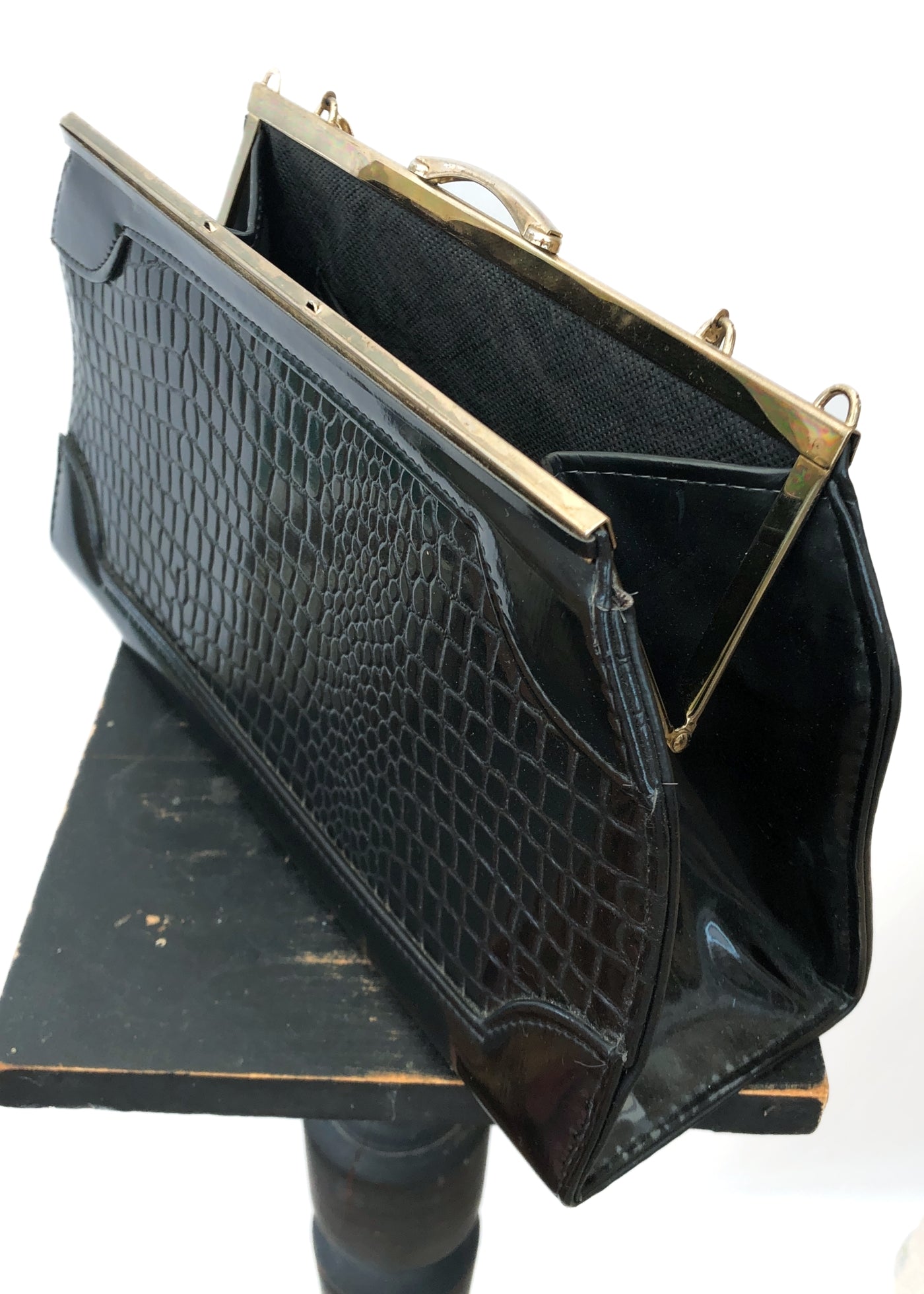 Vintage 60s Black Mock Croc Vinyl Handbag • Metal Top Handle