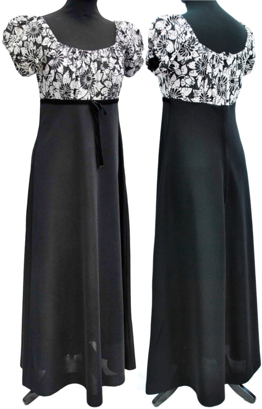1970s Vintage Black & White Empire Line Evening Dress • Maxi Dress