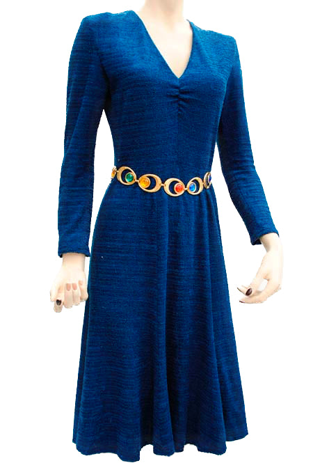 vintage 70s 1940s revival dress in cobalt blue boucle knit. Long sleeve flared dress, mid length with long sleeves.