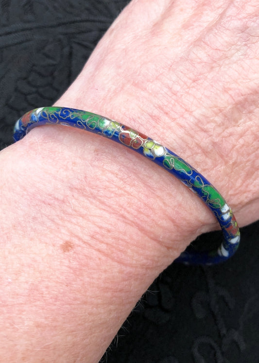 Vintage 70s Blue Floral Cloisonné Enamel Bangle