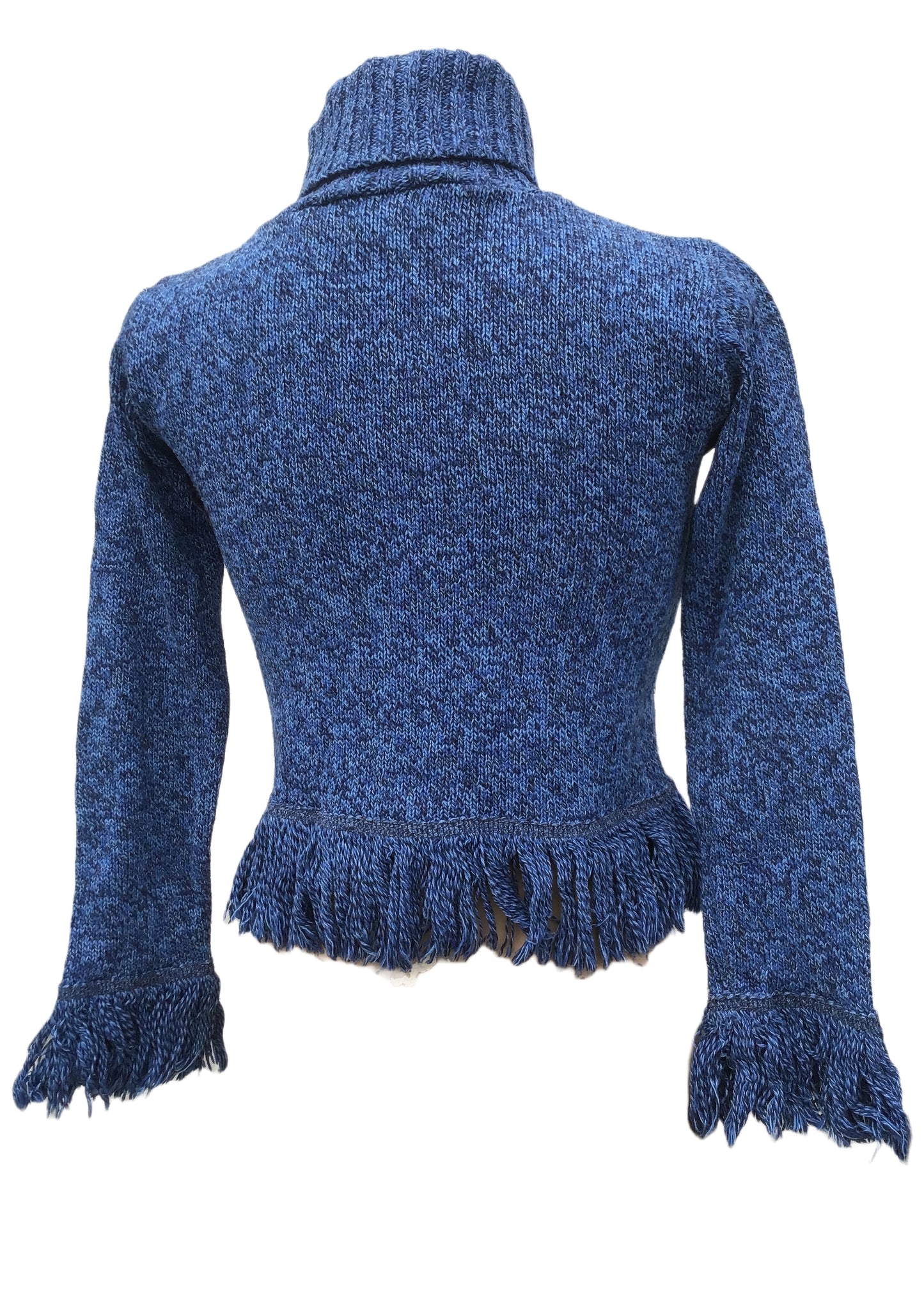Vintage 90s Blue Cropped Roll Neck Fringed Sweater