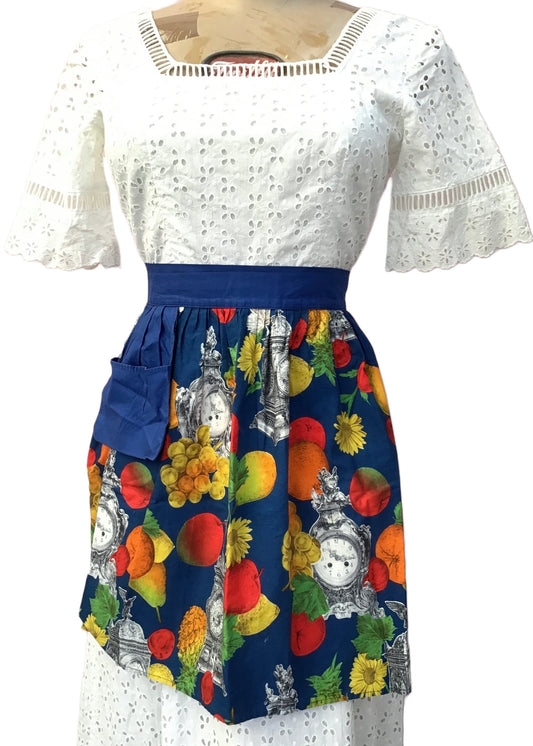 Vintage 50s Blue Fruit Print Cotton Half Apron • Pinny