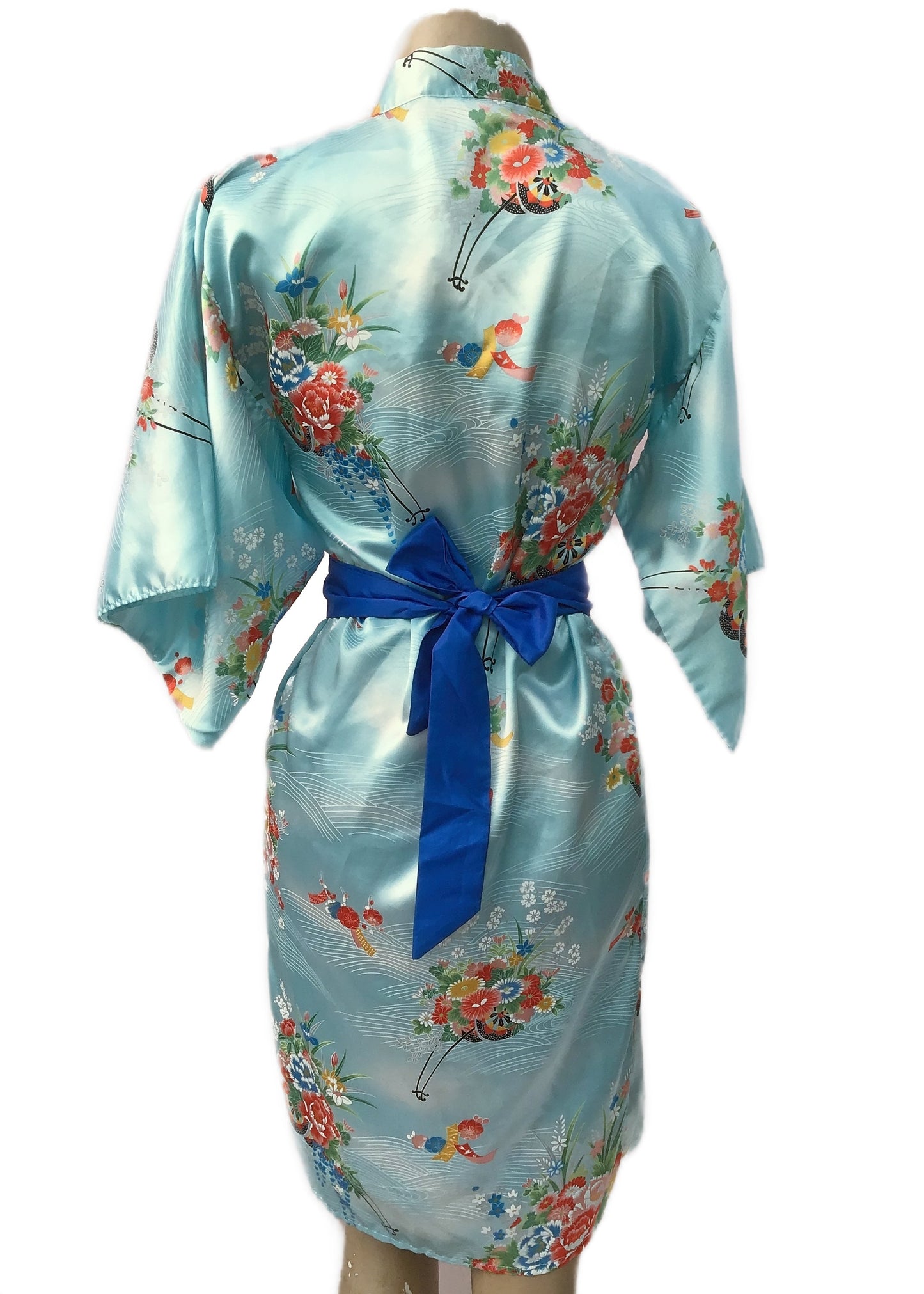 Pale Blue Silky Kimono Robe Flower Pattern