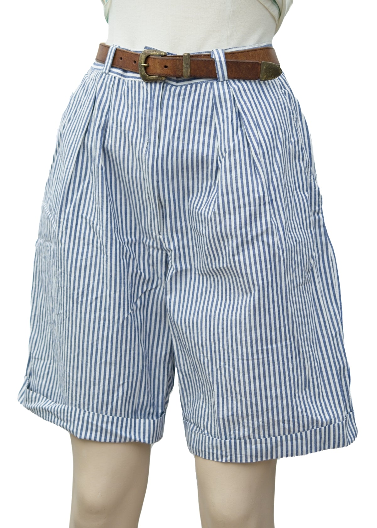 Vintage 80s Womans Rafale Blue Striped Preppy Shorts • Pockets • Waist 30"