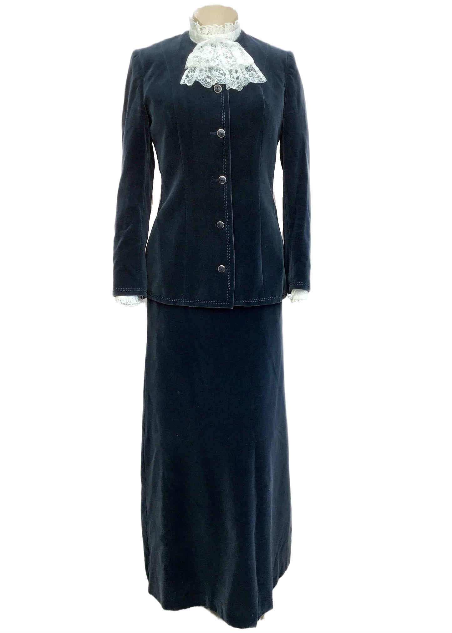 1960s Vintage 3 Piece Blue Velvet Maxi Skirt Suit • 36"