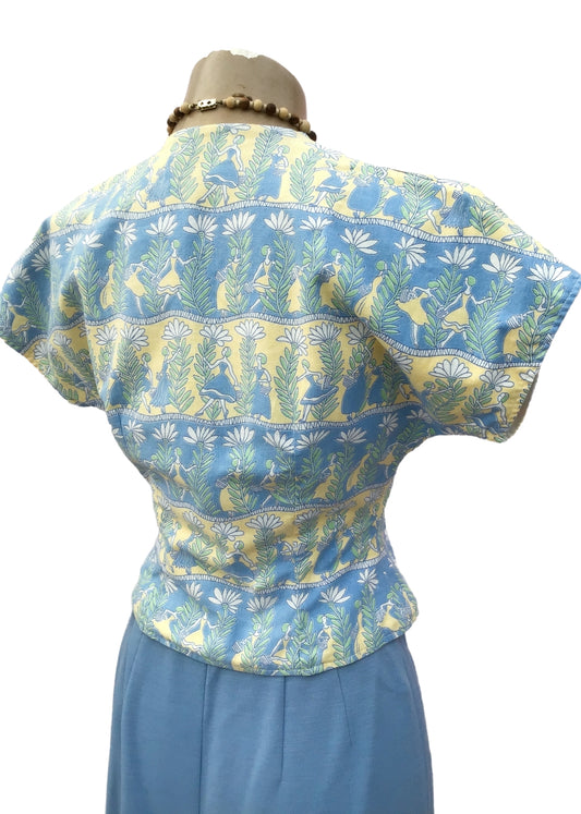 Vintage 1950s Powder Blue and Yellow Cotton Bolero Jacket • Daisy Pattern