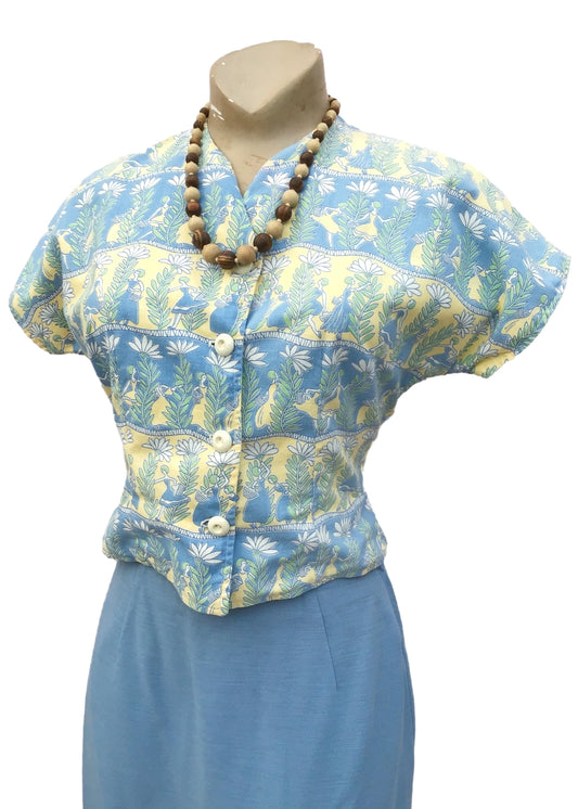 Vintage 1950s Powder Blue and Yellow Cotton Bolero Jacket • Daisy Pattern