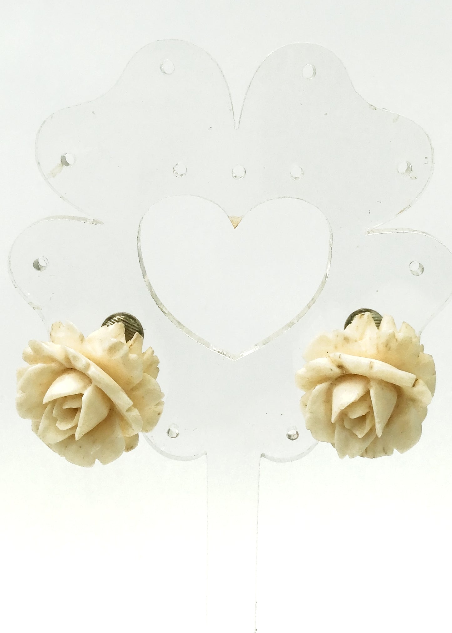 Vintage 30s Carved Bone Rose Flower Clip On Earrings • Oxbone