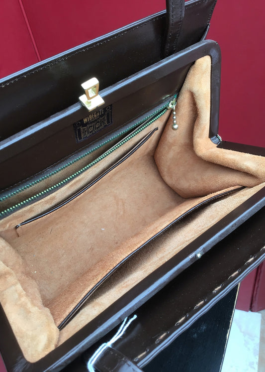 Vintage 1960s Widegate Brown Leather Handbag • Top Handle