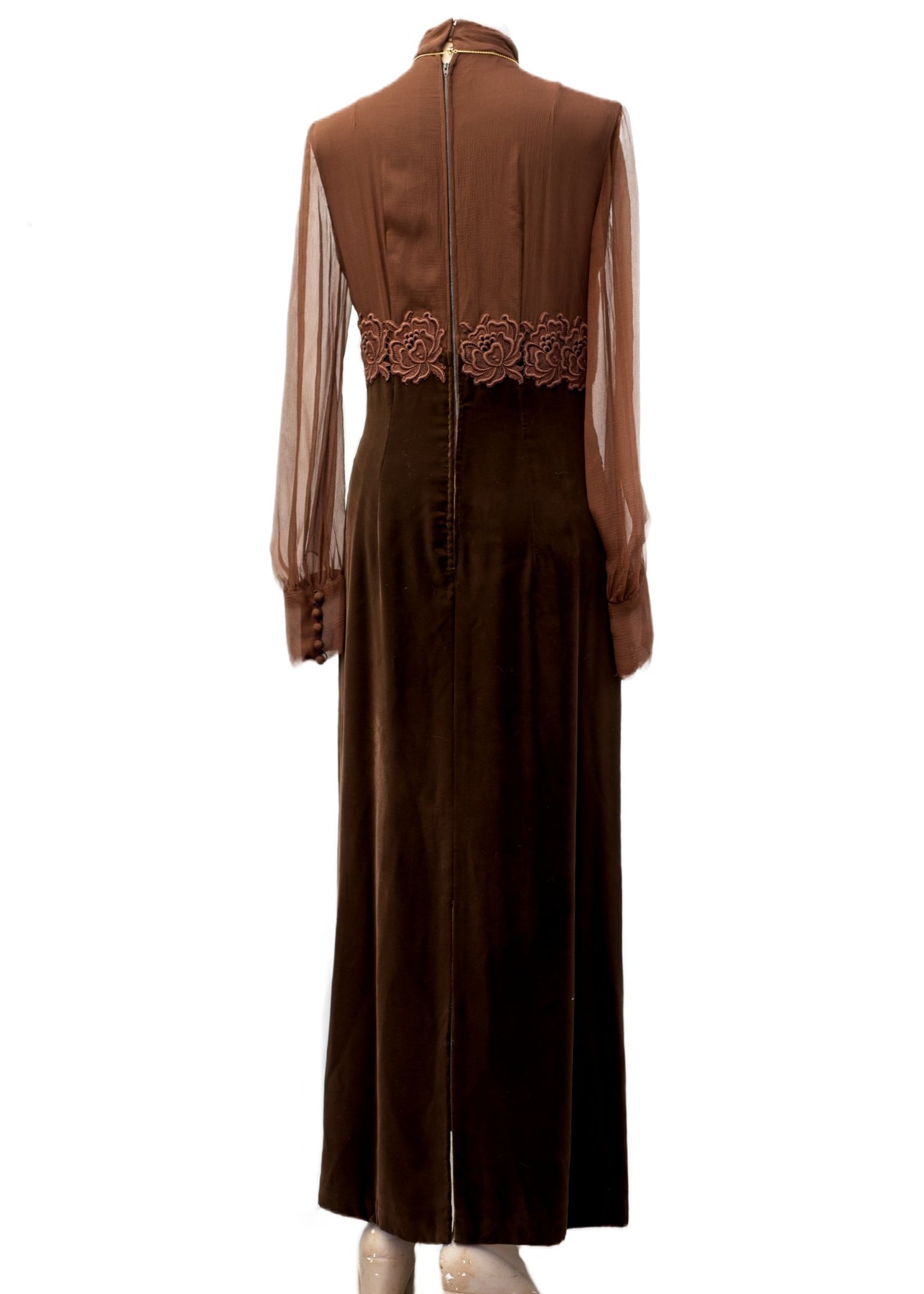 Vintage Chocolate Brown Velvet and Georgette Evening Gown