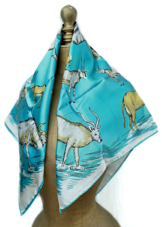 Fabulous Vintage Blue Illustrated Bison and Antelope Scarf
