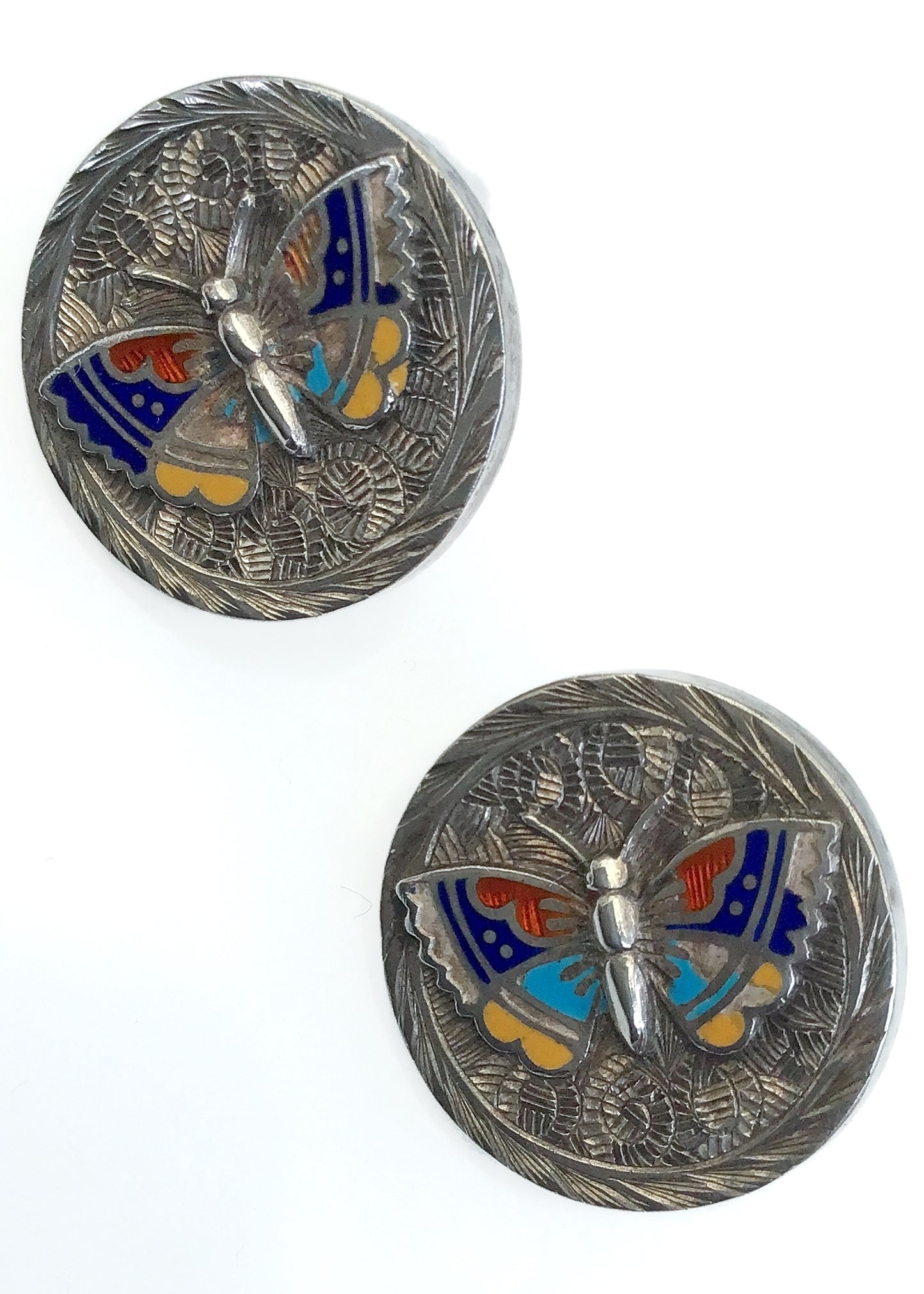 Antique Victorian Silver Enamel Butterfly Snap Link Cufflinks