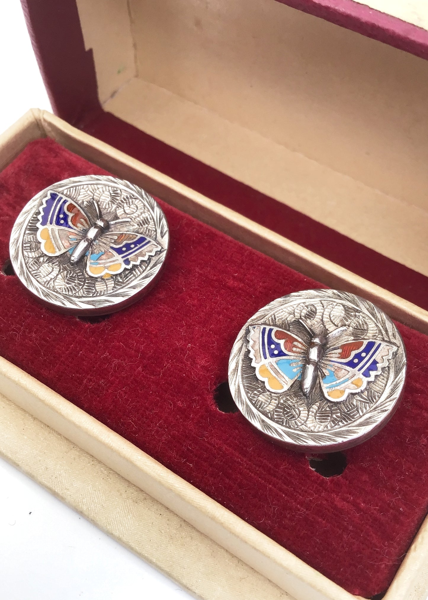 Antique Victorian Silver Enamel Butterfly Snap Link Cufflinks