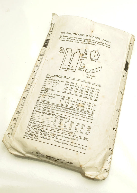 1960s Vintage Butterick #3216 Dressmaking Pattern • Semi Fitted Dress 35"